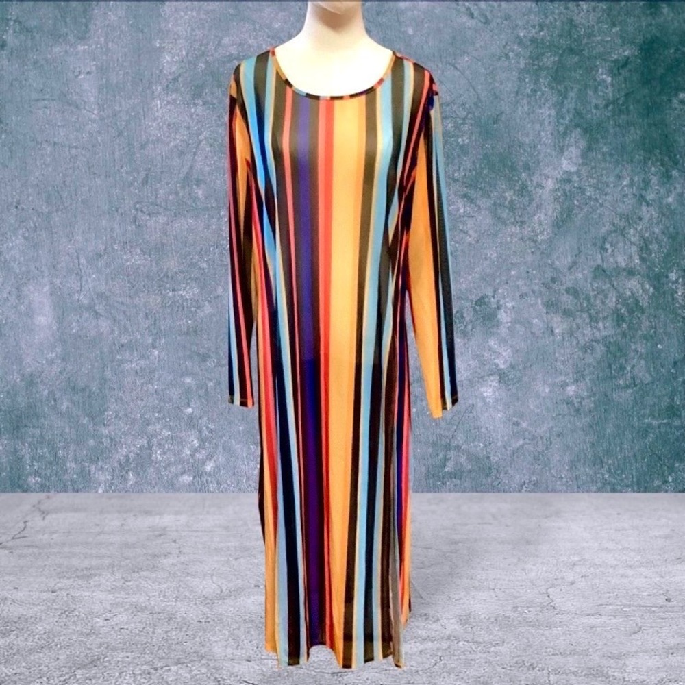 Impulsive Womens 2X Sheer Mesh Rainbow Stripe High Slits Maxi Tunic Cover Up